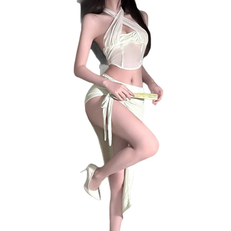 Passion Halter Bellyband Perspective Backless Top Irregular Skirt Erotic Cosplay Improve Costumes Couple Flirting Set