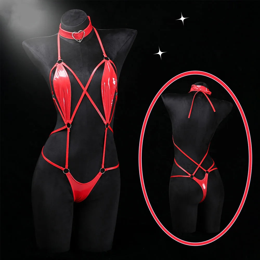 Patent Leather Harness Lingerie Heart Choker Open Back Crotch less Erotic Bodysuit Intimate Club wear