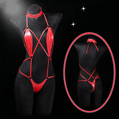 Patent Leather Harness Lingerie Heart Choker Open Back Crotch less Erotic Bodysuit Intimate Club wear