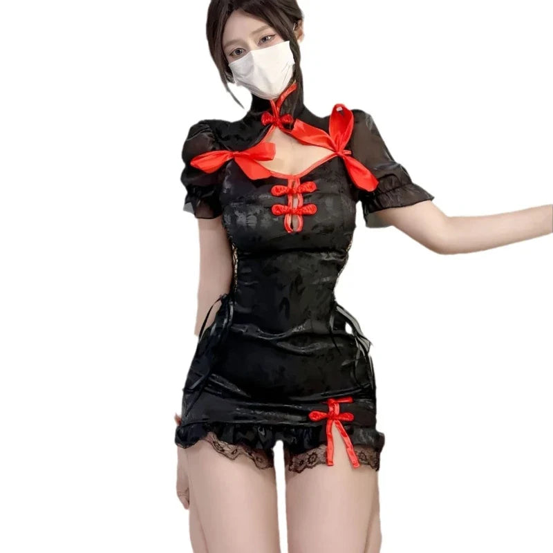 Vintage Satin Cheongsam Tight Split Lingerie Improve Traditional Costume Adult Clothing