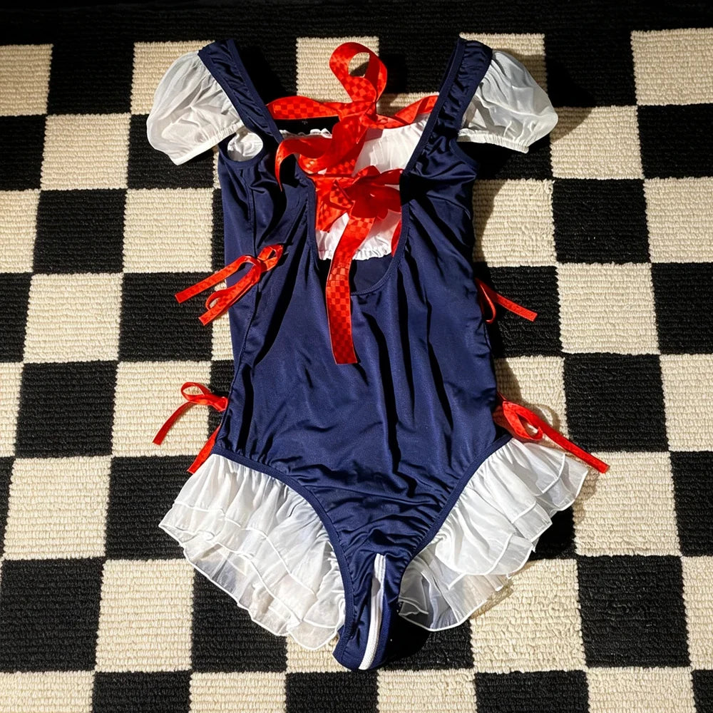 Cute One Piece Bodysuits Puff Sleeve Ruffle Hem Bow Tie Sweet Jumpsuit