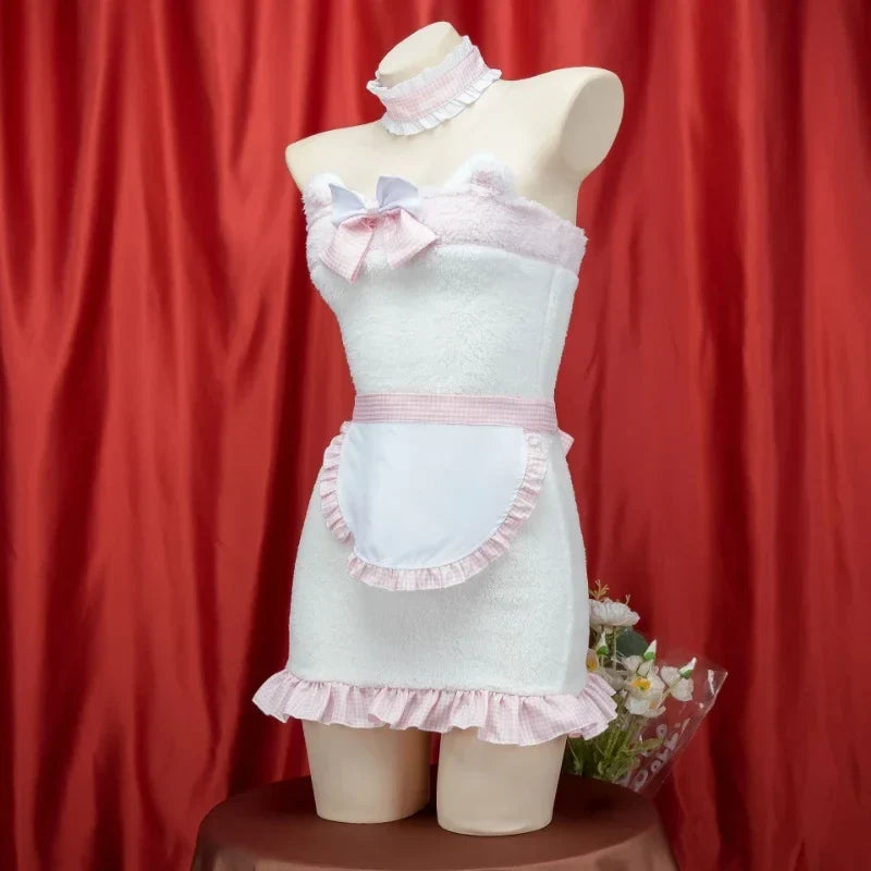 Cosplay Maid Costume Little Bear Lace Cute Apron Nightgown Plush Wrap Hip Skirt Cat Roleplay Set