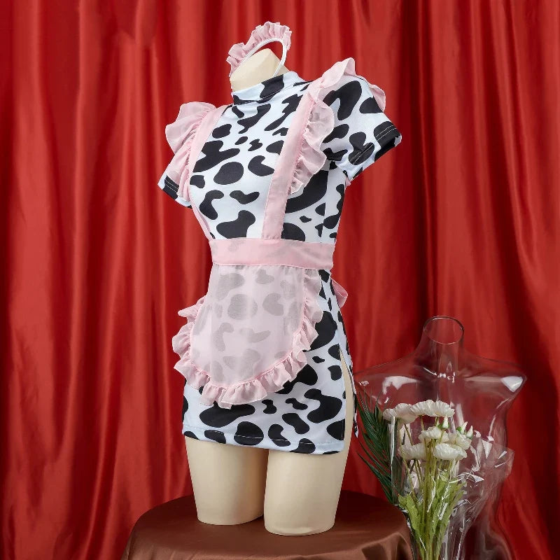 Cute Cow Maid Outfit Lingerie Cosplay Temptation Headwear Apron Set