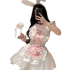 Sweet Cute Role-playing Maid Lingerie Lolita Servant Apron Rabbit Cosplay Costume Lace Skirt Plush Rabbit Ears