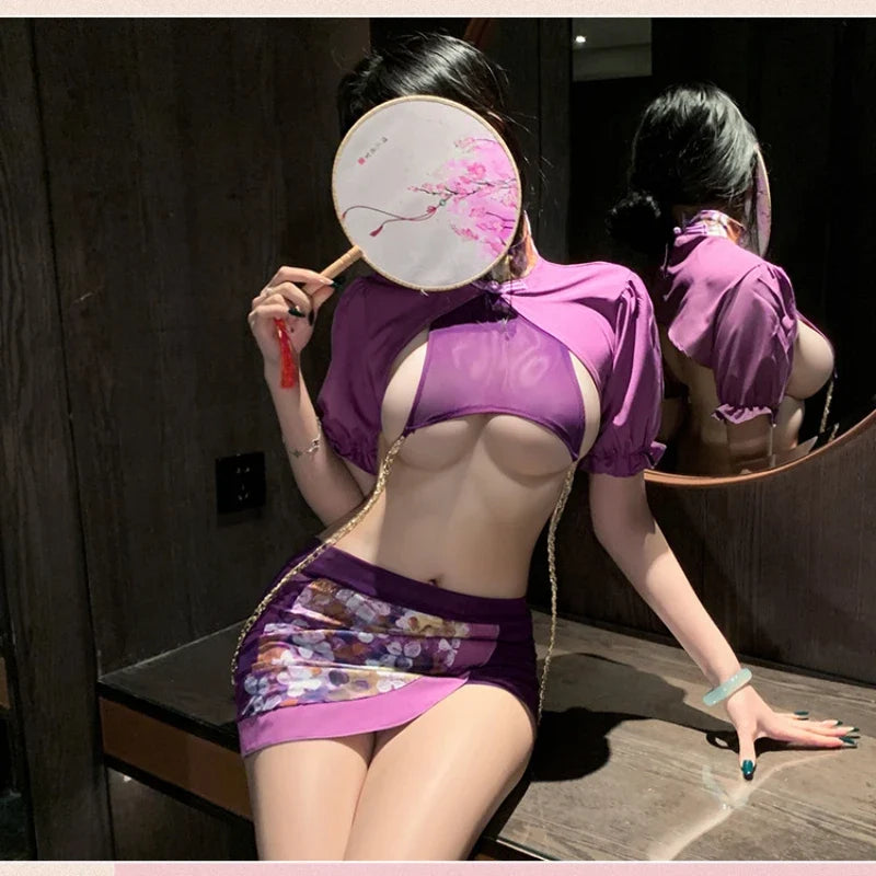 Style Cheongsam Skirt Hollow Out See-through Lingerie Tempting Porno Traditional Exotic Charm Costume