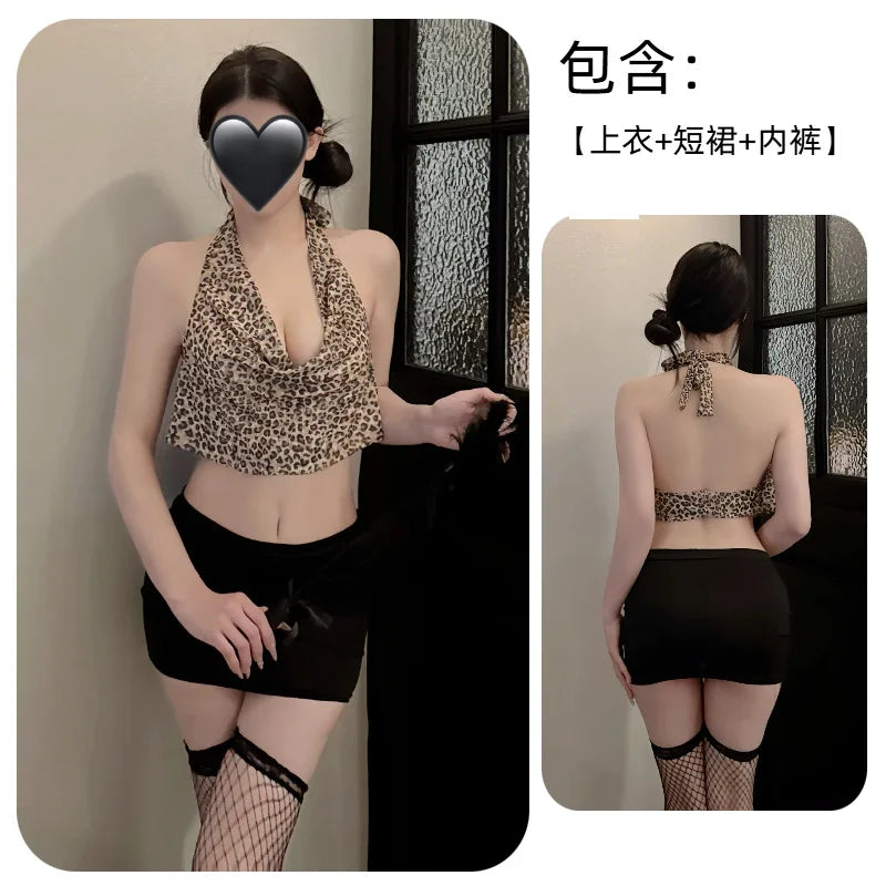 Office Secretary Cosplay Costume Leopard Perspective Hip Wrap Skirt Nightclub Temptation Bar Lingerie Sleepwear Set