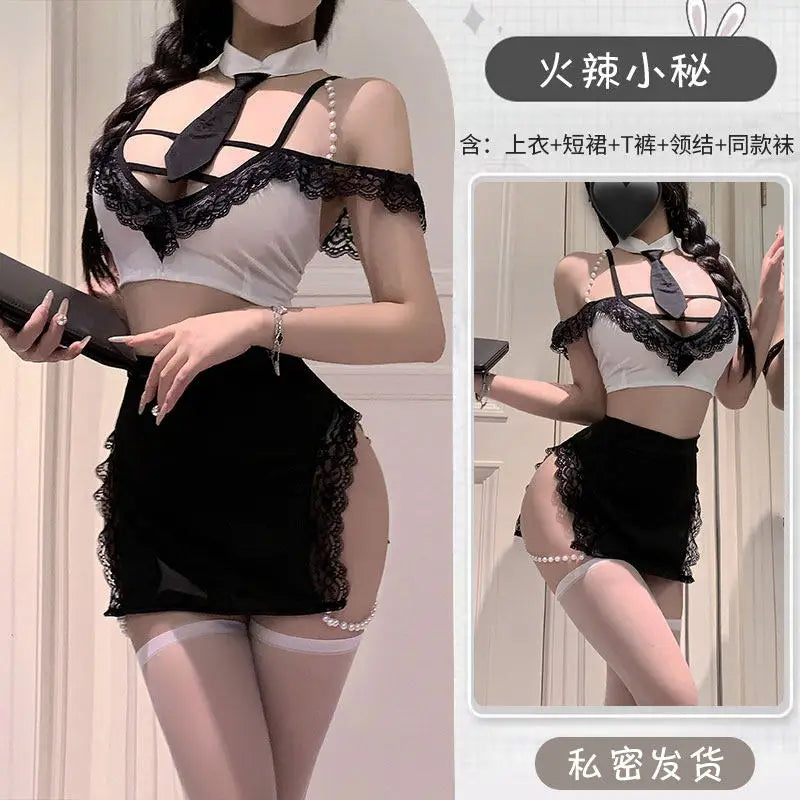Secretary Cosplay Costumes Lace Top Mini Skirt Suit OL Outfit Roleplay Nightwear Lingerie Exotic Temptation