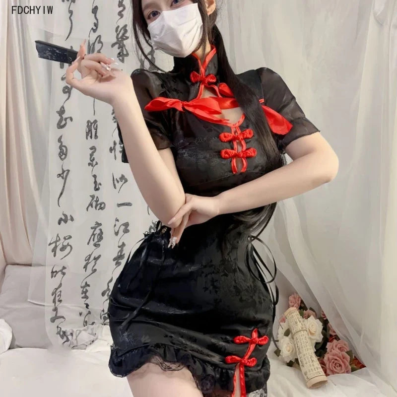 Vintage Satin Cheongsam Tight Split Lingerie Improve Traditional Costume Adult Clothing