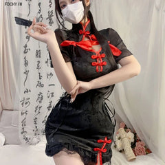 Vintage Satin Cheongsam Tight Split Lingerie Improve Traditional Costume Adult Clothing