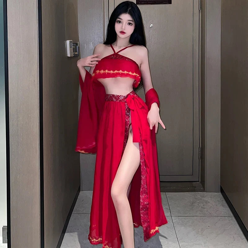 Cosplay Bride Wedding Red Traditional Temptation Hanfu Shawl Top Long Skirt Set