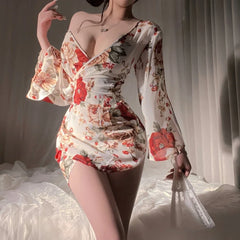 Pure Desire Printed Kimono Cosplay Sleeping Chiffon Perspective V-neck Bathrobe Long Sleeves Porno Pajamas