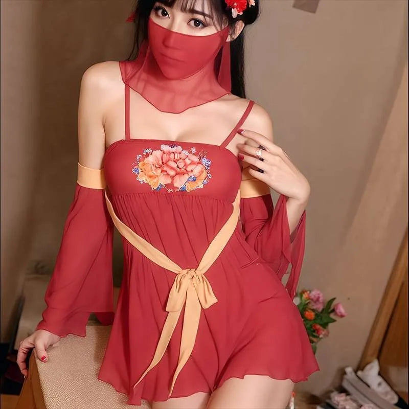 Ancient Style Hanfu Elegant Transparent Flower Print Backless Deep V NightTraditional Bellyband Pajamas