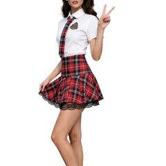 Preppy Red Plaid Pleated Skirt Fitted White Shirt Necktie Badge Student Cosplay Costume