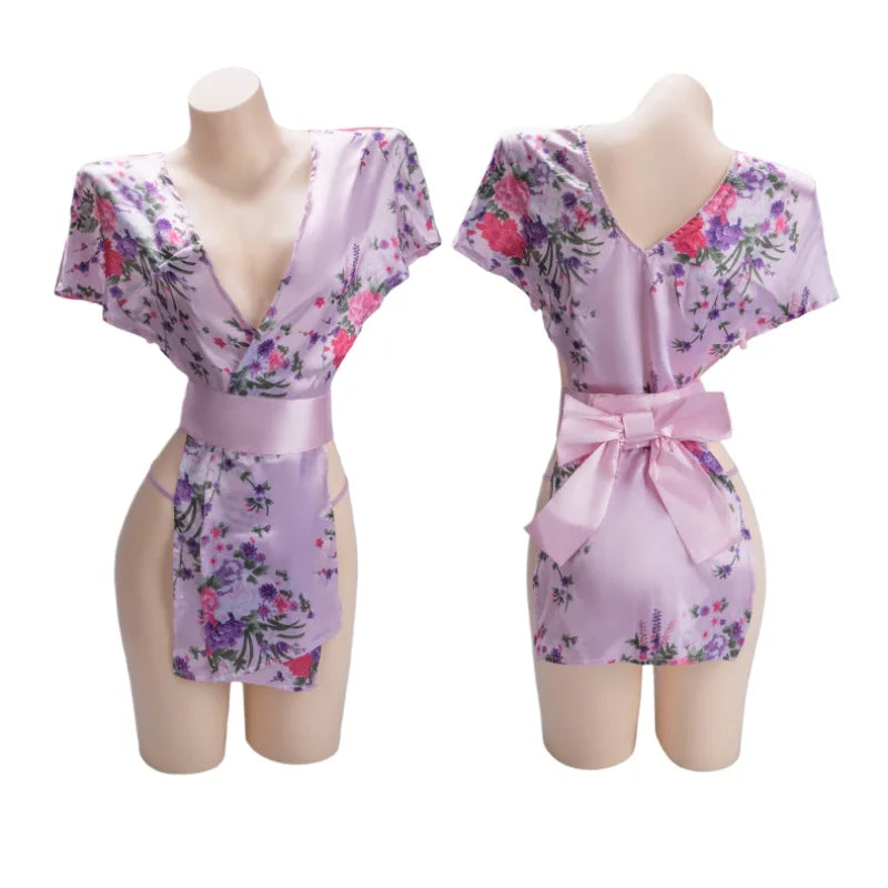 Deep V Bow Waistband Printed Hollow Out Kimono Erotic Bathrobe Adult Nightgown Temptation Costumes