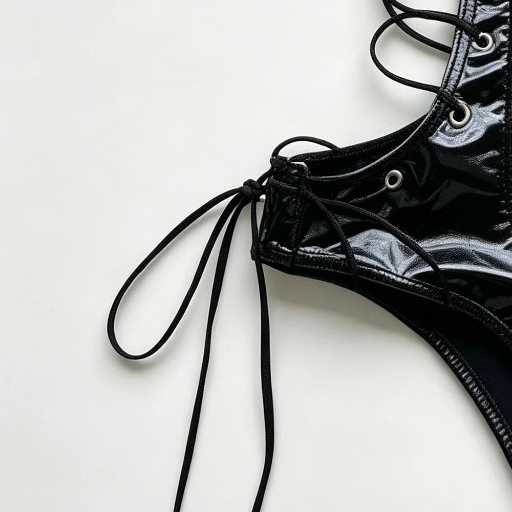 Black Patent Leather Bodysuits Adjustable Buckle Neckline Lace-up Side Waist Form Fitting