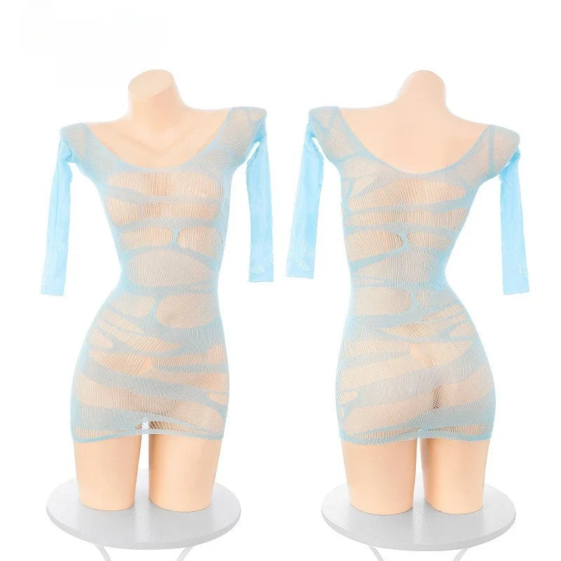 Hollow Wrap Hip Skirt Mesh Perspective Lingerie Thin Stretch Long Sleeved Couples Porno Costumes Two Pieces Set