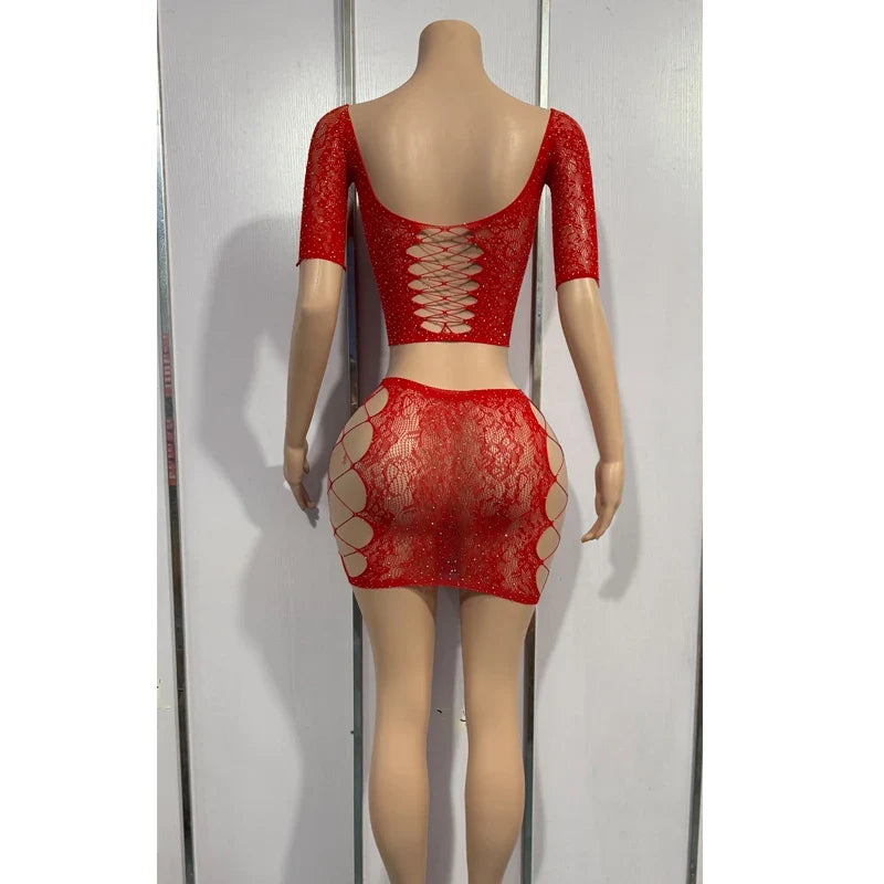 Hot Short Bodycon Lingerie Erotic Fishnet Hollow Out Sheer Underwear Costume Trendy Set