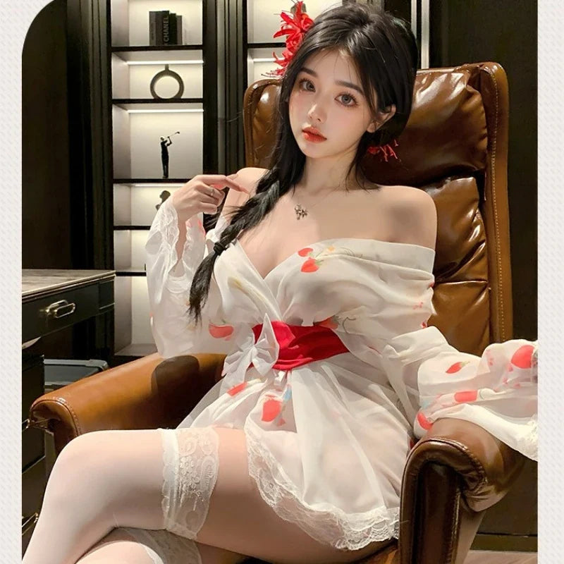 Transparent Style Strawberry Print Kimono Seductive Lace Long Sleeves Bow Elegant Charm Nightgown Bathrobe