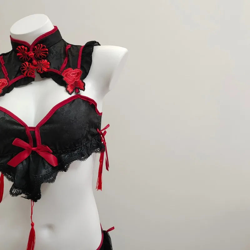 Gothic Vintage Cheongsam Lingerie Halloween Maid Cosplay Lolita Lace Embroidery Underwear Set