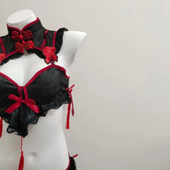 Gothic Vintage Cheongsam Lingerie Halloween Maid Cosplay Lolita Lace Embroidery Underwear Set