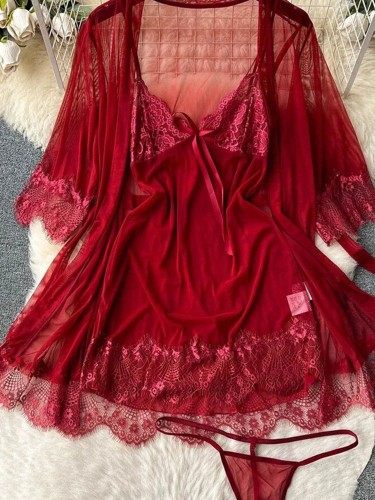 Halter Butterfly Lace Satin Nightgown Irregular Hem Homewear