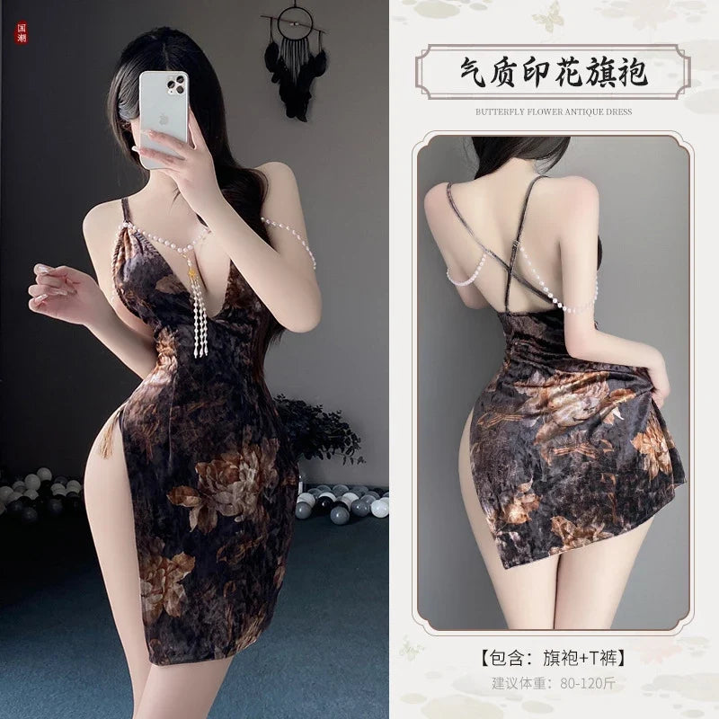 Lingerie High Waist Split Cheongsam Deep V