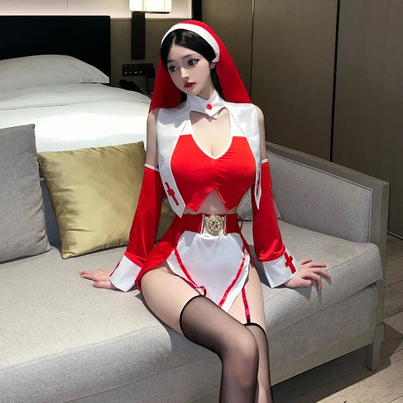 Lingerie Nun Cosplay Costumes Hollow Top Miniskirt Exotic Christmas Adult Temptation Roleplay Game Clothing