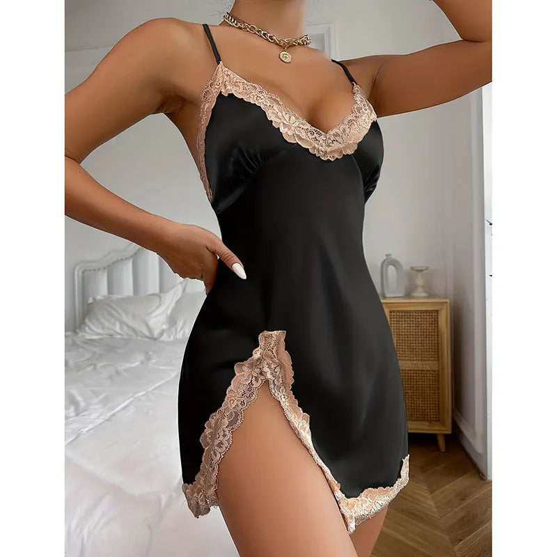 Nightgown Sleeveless Cross Back Sleepwear Silk Satin Lace Solid Color Deep V Neck Side Split Pajama Home Dress