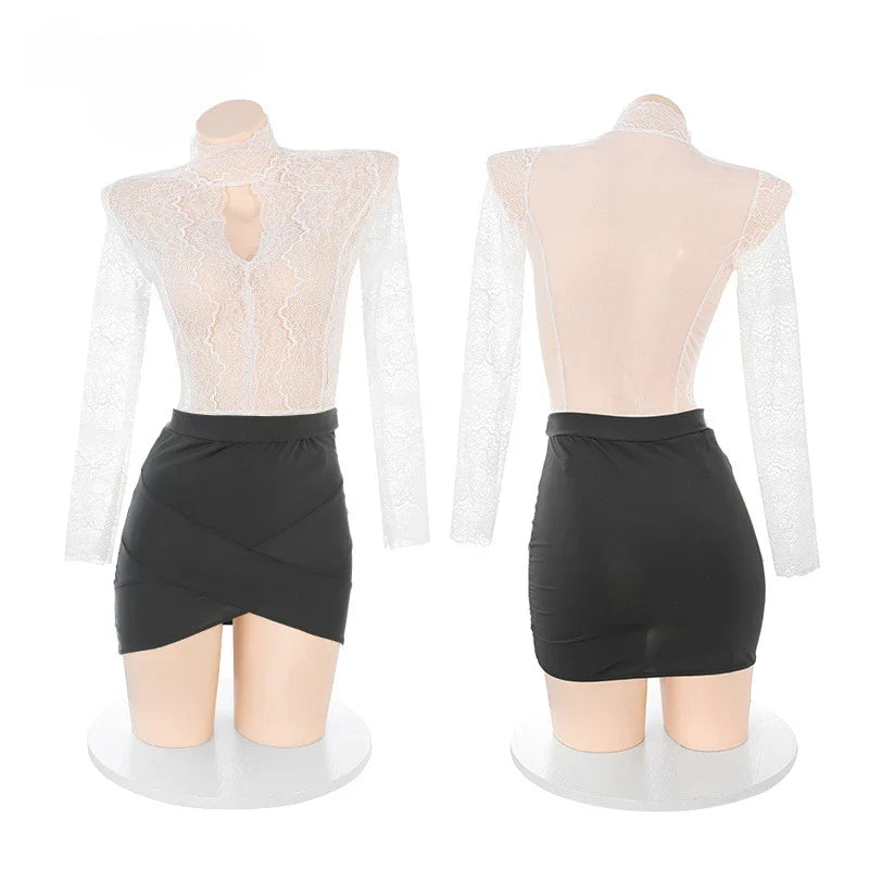 Lingerie Roleplay Secretary Lace Top Hip Wrap Skirt Cosplay Costume Seduction