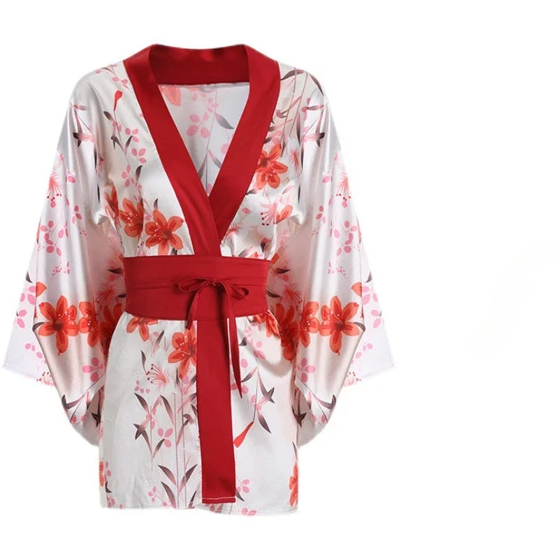 Printing Kimono Chiffon Cosplay Bride Wedding Robe Sleepwear Nightgown Bathrobe Belt Gown Pajamas