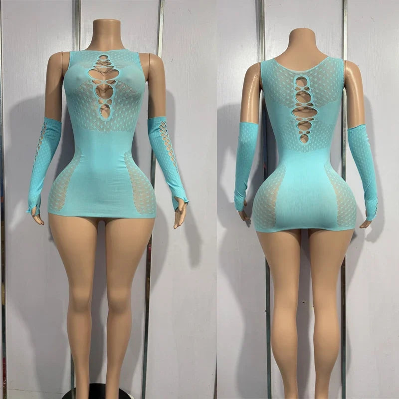 Bandage Mini Hollow Out Slim Babydoll Square Collar Gloves Backless Nightclub