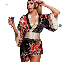 Floral Print Satin Kimono Robe Wide Sleeve Waist Cinched Short Robe
