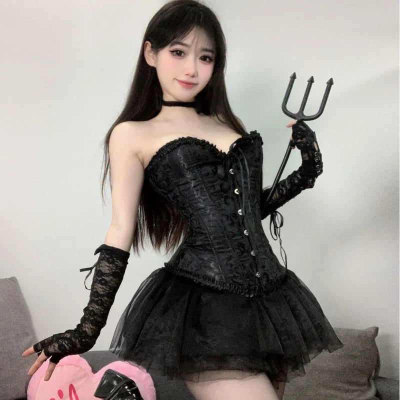 Devil Cosplay Lingerie Bandage Vest Miniskirt Underwear Lace Tight Top White Angel Black Demon Roleplay Costume