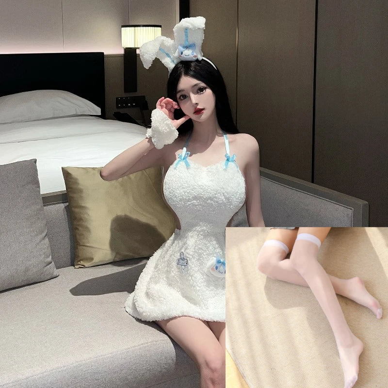 Lingerie Bandage Roleplay Rabbit Christmas Tempting Plush Bunny Ear Cosplay Outfit White Santa Claus Set