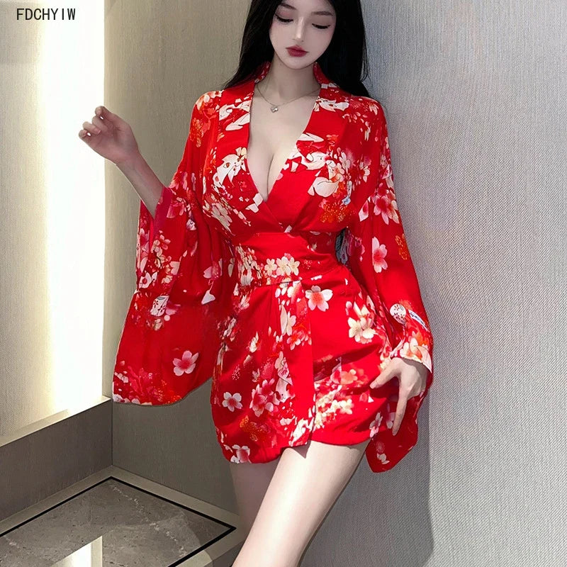 Sakura Kimono Bathrobe Hot Temptation Pajamas Nightclub Erotic Dancer Cosplay Costume Home Sleepwear