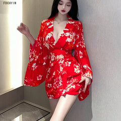 Sakura Kimono Bathrobe Hot Temptation Pajamas Nightclub Erotic Dancer Cosplay Costume Home Sleepwear