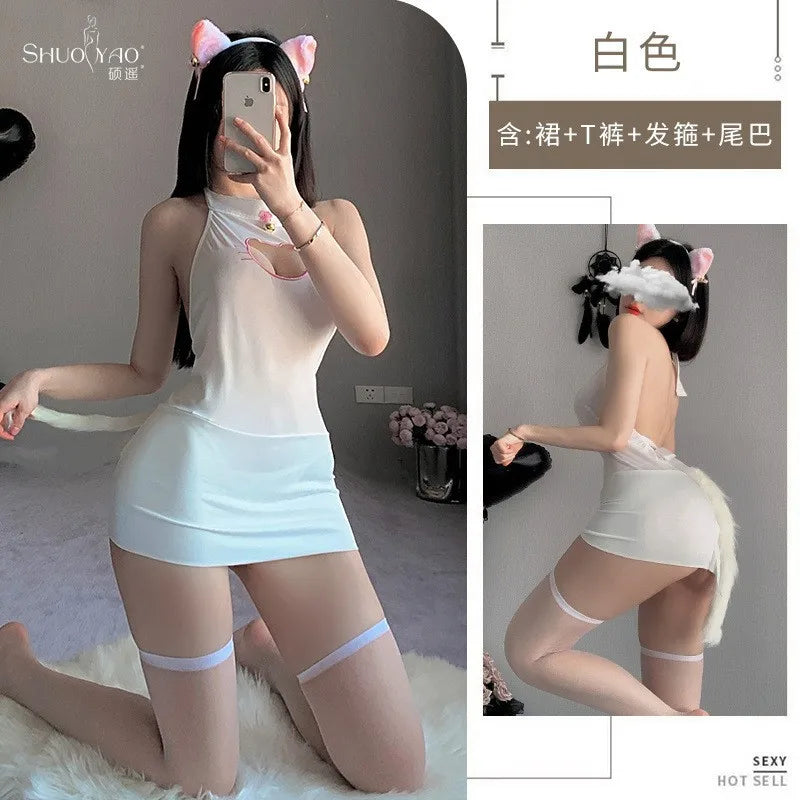 Cute Cat Erotic Night Backless Nightwear Female Hollow Out Pajamas Couple Game Temptation
