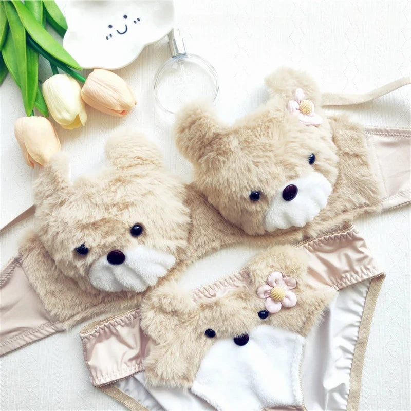 Plush Underwear Flower Briefs Cute Cartoon Comfortable Steel Ring Free Lingerie Underpants Set