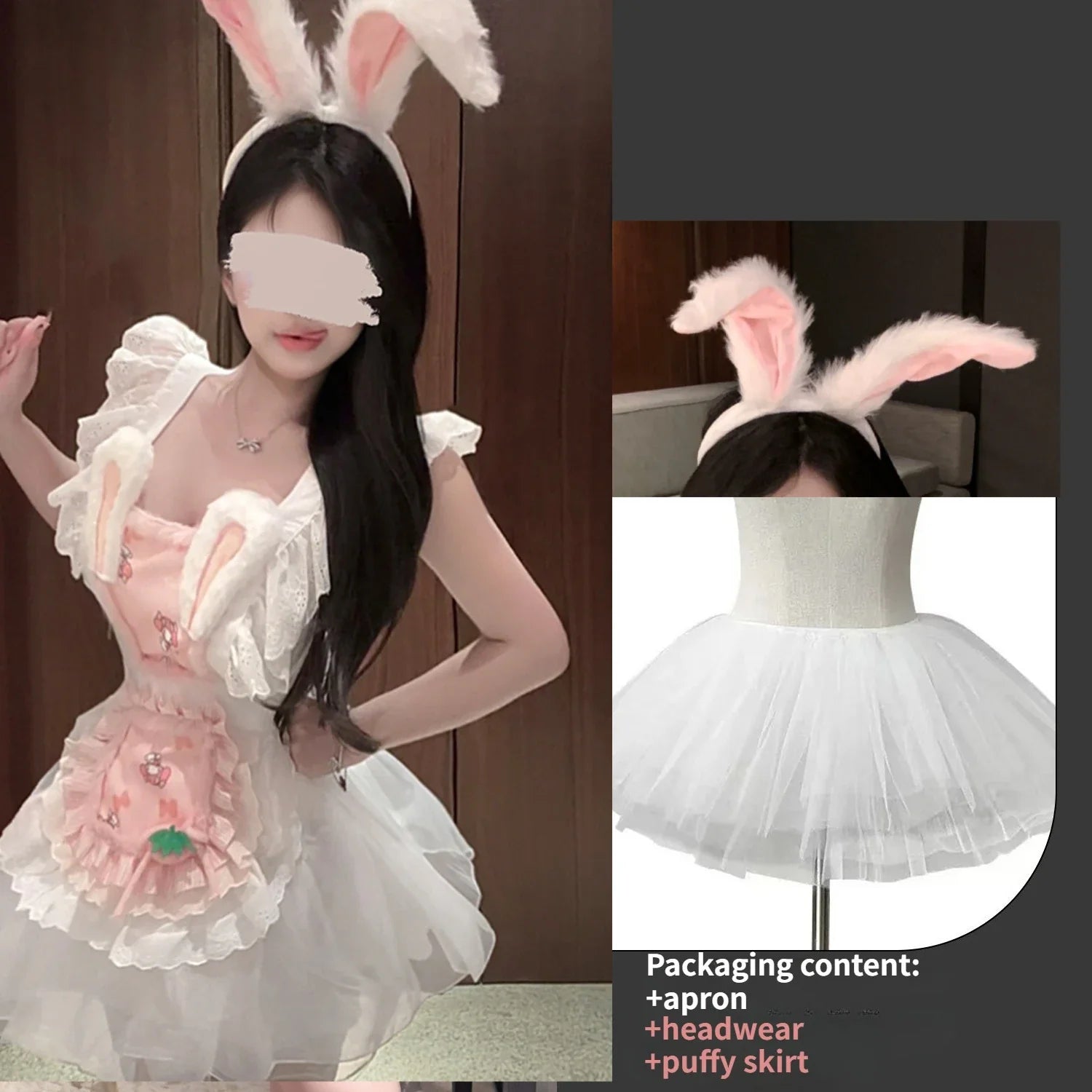 Sweet Cute Role-playing Maid Lingerie Lolita Servant Apron Rabbit Cosplay Costume Lace Skirt Plush Rabbit Ears
