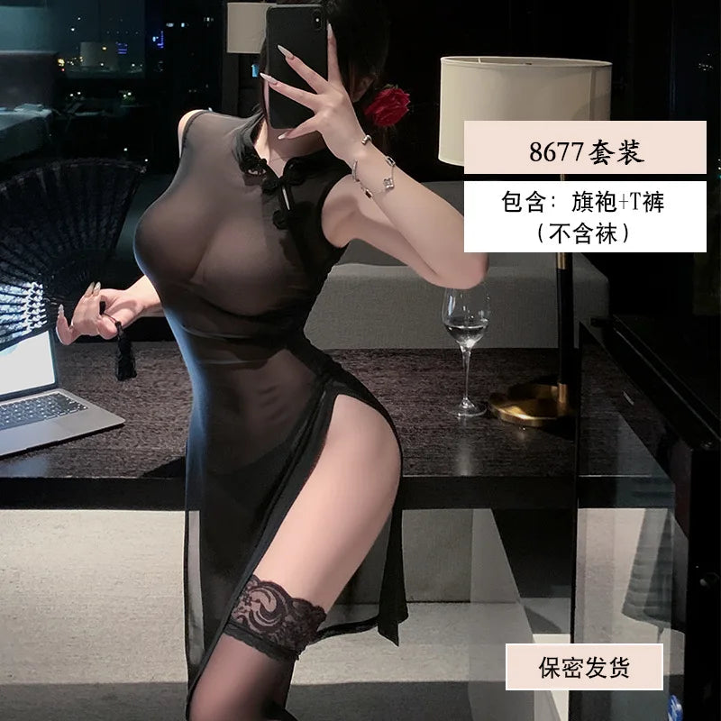 Style Cheongsam Lace Perspective Seductive Wrap Hip Skirt Lingerie Babydoll Temptation Porno Bar Costume