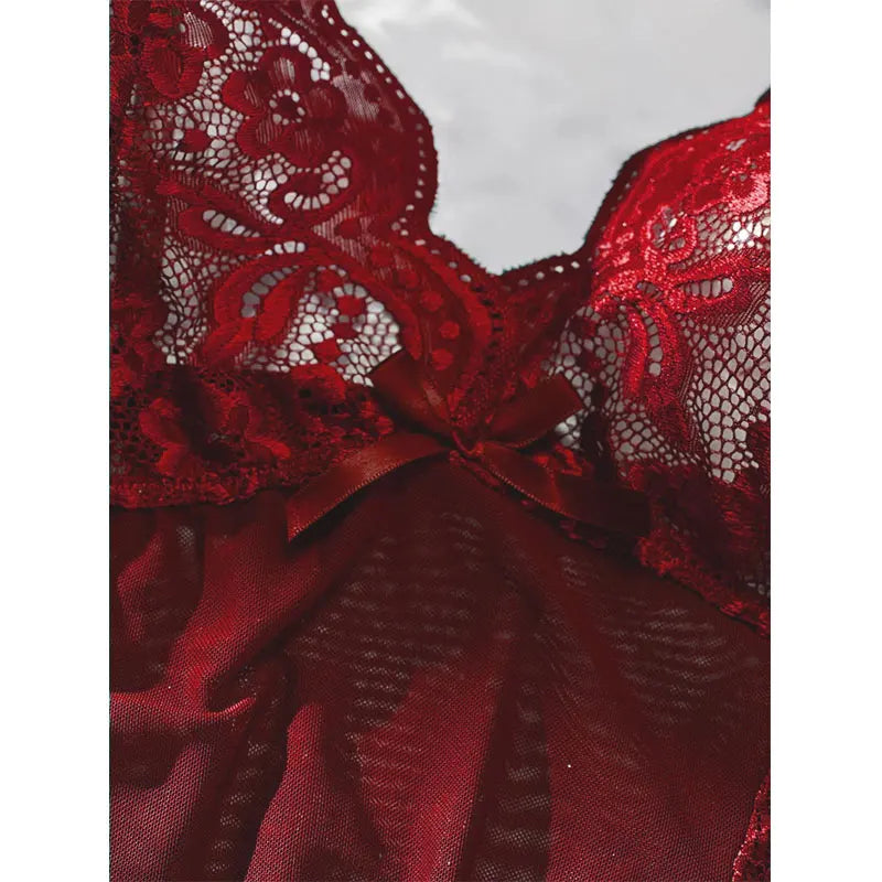 Halter Nightgown Transparent Red Lingerie Female Pajamas Tulle Comfortable Night Pajama G-string Set