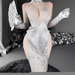 Erotic Lingerie Cheongsam Back Lace Hollow Out Side Slit Temptation Pajamas