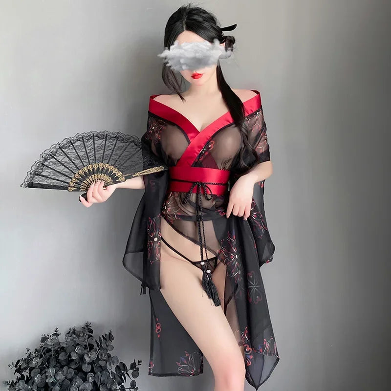 Phantom Printed Kimono Cross-collar Design Deep V Cleavage Black Sleepwear Nightgowns Sleepwear