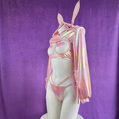 Bunny Cosplay Costume Idol Group Machine Rabbit Outfits Pink Exposed Breast Laser Lingerie Gift