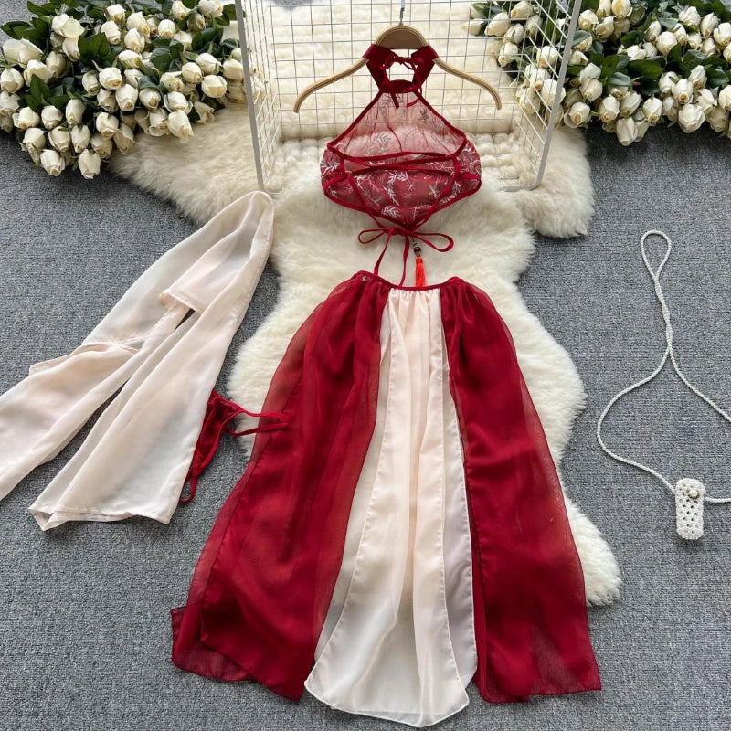 Red Traditional Perspective Lingerie Cosplay Soft Robe Chemise Chiffon Sleepwear NightHanfu Fairy Dress