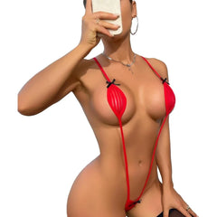 Pink Sling Bodysuit Mini Teddy Lingerie Black Bow Decor Deep V Backless One Piece