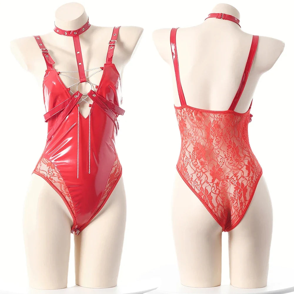 Cosplay Costume Leather Lace Back Bodysuit Outfits Role Play Lingerie