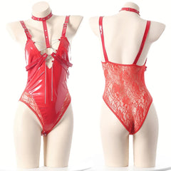 Cosplay Costume Leather Lace Back Bodysuit Outfits Role Play Lingerie