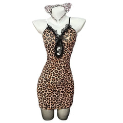 Erotic Lingerie Lace Leopard Print Hip Hugging Skirt Charm Hollowed-out Backless V-neck Nightgown