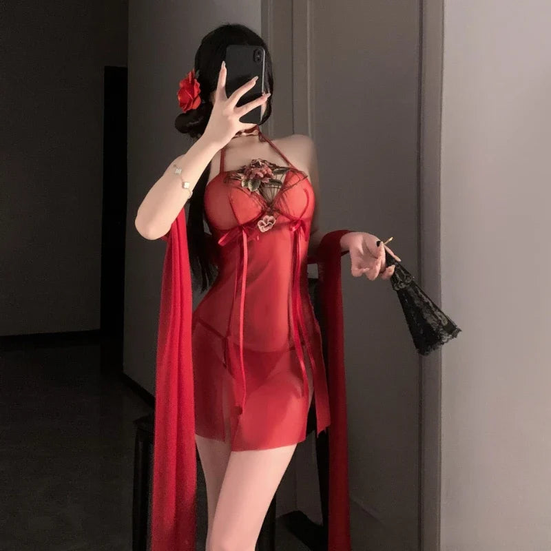 Embroidery Traditional Perspective Temptation Retro Hanfu Mesh Porno Pajamas Exotic Charm NightNew